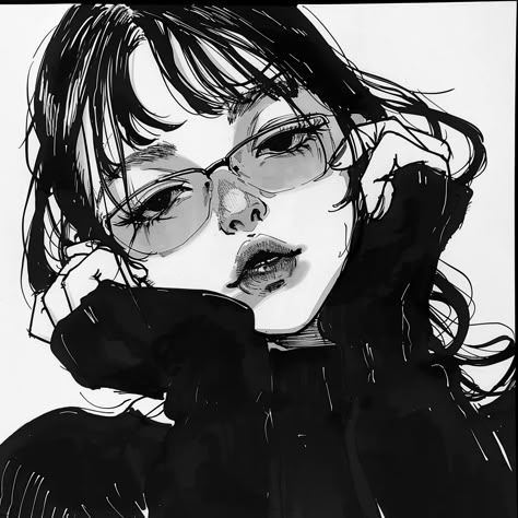 ✨🚀Get Premium Midjourney Prompts - Go to Link in my Bio🌐🔗 Manga Woman Black And White, Black And White Contrast Art, Manga Icons Black And White, Manga Beauty, Ink Shading, Drawing Of A Woman, Face Art Drawing, Woman With Glasses, Contrast Art