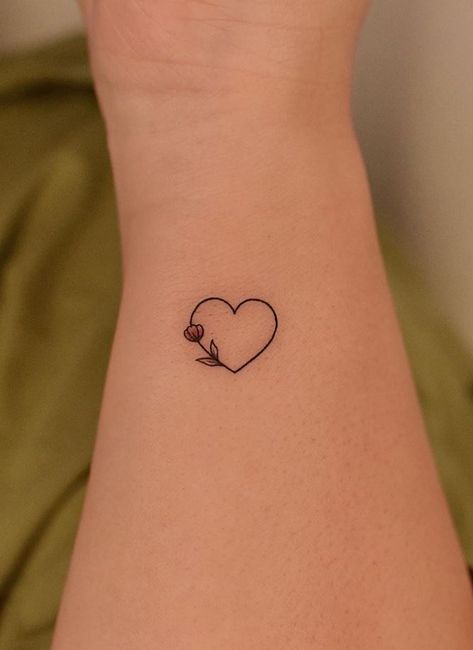 Heart With Music Tattoo, Hearts On Chest Tattoo, Mini Tats Heart, Cute Simple Heart Tattoos, Small Heart And Flower Tattoo, Small Heart Flower Tattoo, Heart With Leaves Tattoo, Tiny Valentines Day Tattoos, Heart Tatoos Woman Hand