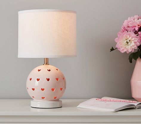 Blush Ceramic Heart Cut Out 3-Way Table Lamp | Pottery Barn Kids Lamp Pottery, Interactive Lighting, Nursery Lighting, Study Furniture, Heart Cut Out, Ceramic Heart, Baby Bedding Sets, Playroom Furniture, Kids Lighting