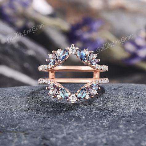 Art Deco Alexandrite Moissanite Curved Wedding Band Gold Double Wedding Rings for Women Enhancer Ring Vine Ring Guard Anniversary Gift - Etsy Wedding Ring Enhancer For Round, Ring Enhancer Wedding Band, Radiant Wedding Rings, Wedding Ring Enhancers, Wedding Ring Guard, Ring Guards Enhancer, Wedding Band Gold, Enhancer Ring, Enhancer Wedding Band