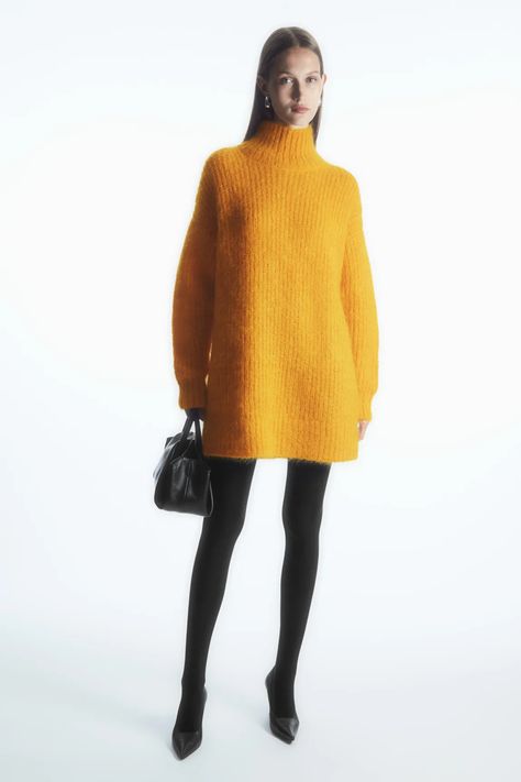 FUNNEL-NECK MOHAIR TUNIC - YELLOW - Dresses - COS Yellow Turtleneck, Knitted Dresses, Turtleneck Sweaters, Printed Dresses, Light Turquoise, Funnel Neck, Neck Collar, Yellow Dress, Mustard Yellow