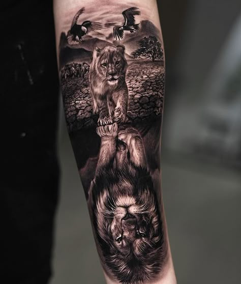 Animal Arm Tattoo Men, Forearm Lion Tattoo Men Ideas, Lion Reflection Tattoo, Lions Tattoo Men, Lower Arm Sleeve Tattoos Men, Tattoo Ideas For Men Half Sleeve, Lion Sleeve Tattoo Men Ideas, Half Arm Tattoo Men, Animal Tattoos For Men Forearm