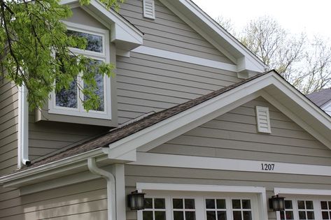 Beechworth, James Hardie - Monterey Taupe, Arlington Heights, ILs - Traditional - Exterior - Chicago - by Erdmann Exteriors & Construction | Houzz James Hardie Monterey Taupe, Taupe Grey House Exterior, Monterey Taupe Exterior, James Hardie Monterey Taupe Siding, Monterey Taupe Hardie Siding, Monterey Taupe Hardie Board, Taupe House Exterior White Trim, Taupe Siding House Color Schemes, Hardie Monterey Taupe