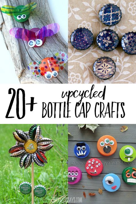 Check out a big list of fun upcycled bottle cap crafts for both kids and adults! These are fun ways to make things out of old plastic and metal bottle caps, including some great upcycled gift ideas. Bottle Cap Crafts For Kids, Plastic Bottle Cap Crafts, Beer Bottle Cap Crafts, Beer Crafts, Diy Bottle Cap Crafts, Recycle Bottle Caps, Bottle Cap Projects, Recycling Crafts, Upcycle Plastic