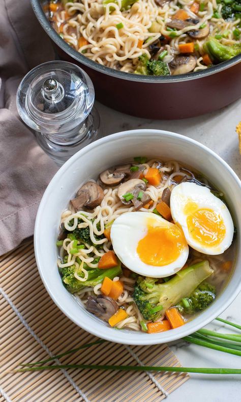 one serving of ramen noodle soup in a white bowl set in front of a larger pot Shrimp Ramen Noodle Recipes, Ramen Noodle Recipes Homemade, Air Fryer Okra, Healthy Ramen Noodle Recipes, Healthy Ramen Noodles, Baked Tortellini Casserole, Homemade Ramen Noodles, Ramen Soup Recipes, Shrimp Ramen