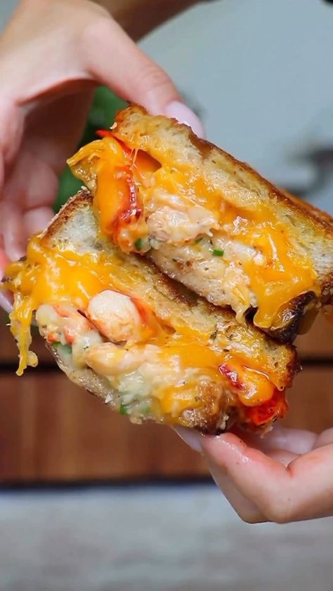 Lobster Grilled Cheese 🦞 RECIPE 👩‍🍳 @thenaughtyfork #tastethisnext . . . . #seafood #lobsters #lobster #seafoods #seafoodlover #grilled #seafoodlovers #pescatarian #sandwich #recipe #recipes | Taste This Next Pescatarian Sandwich, Lobster Grilled Cheese, Lobster Grilled, Prawn Rice, Lobster Sandwich, Rice Paper Dumplings, Seafood Recipes Scallops, Raw Prawns, Sandwhich Recipes