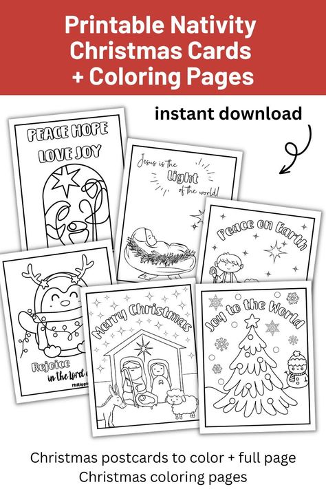 These printable nativity Christmas cards are the perfect religious cards for kids to color and send this Christmas. Featuring cute graphics and Bible verses. Perfect for Sunday school, church, the classroom, and home. #printablechristmascards #printablenativityforkids #christmascraftsforkids #religiouschristmasactivities #happybirthdayjesus Nativity Color By Number Free Printable, Nativity Christmas Cards Free Printables, Christmas Crafts For Kids Sunday School, Childrens Church Christmas Craft, Free Printable Christmas Cards For Kids To Color, Christmas Coloring Cards Free Printables, Free Printable Christmas Cards To Color, Free Printable Christmas Cards For Kids, Christmas Church Crafts For Kids