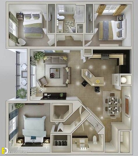 40 Awesome 3D House Floor Plan Design Ideas - Engineering Discoveries Black Barndominium, 3d House Plans, House Floor Design, Sims 4 House Design, Apartment Floor Plans, 3d House, Home Design Floor Plans, Sims House Plans, House Construction Plan