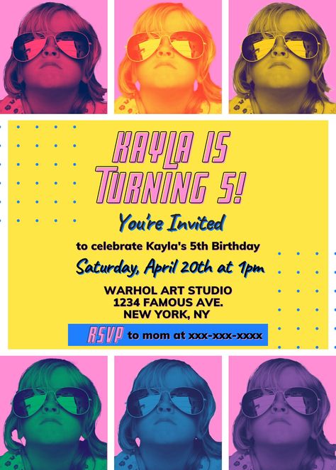 Pop Art Invitation, Pop Art Warhol, Warhol Art, Art Invitation, Photo Invitations, Superhero Birthday, Digital Invitation, Printed Invitations, Andy Warhol