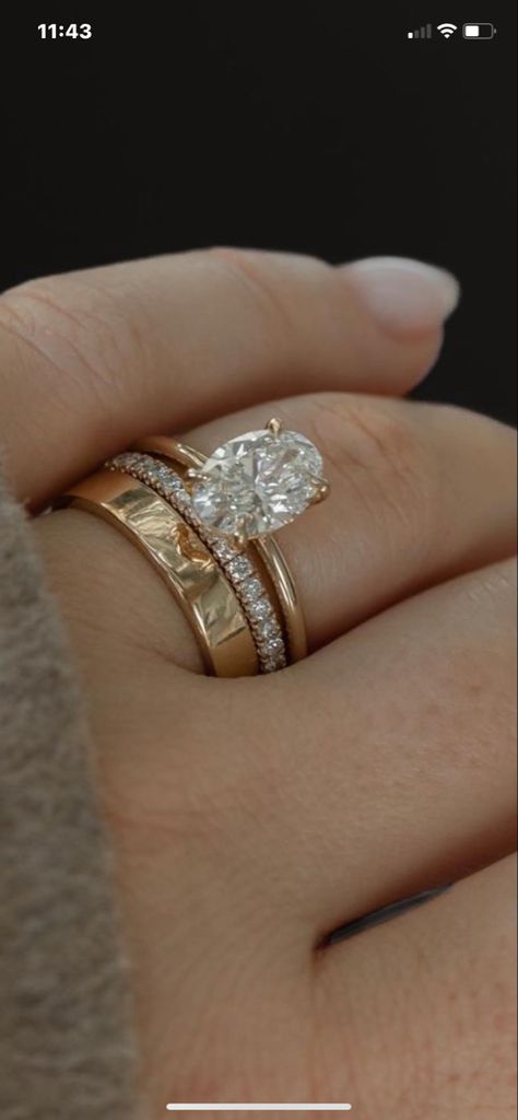 1/2 Carat Diamond Ring, Oval Rings Engagement With Band, Moroccan Engagement Rings, 2mm Engagement Ring Band, Double Stack Wedding Bands, Two Wedding Bands Stacked, Gold Engagement Ring With Silver Band, Wedding Rings Trendy, Oval Cut Ring Stack