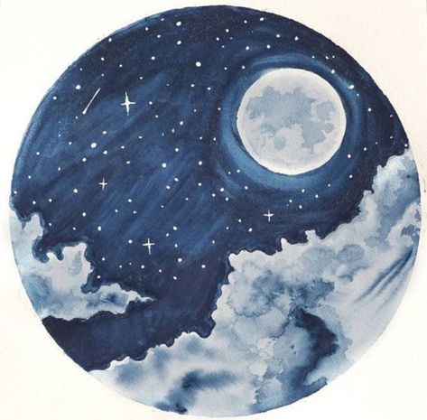 Aerial Painting, Celestial Painting, Star Watercolor, Stars Painting, Circle Watercolor, Stars Watercolor, Blue Universe, Night Sky Art, Stars Universe