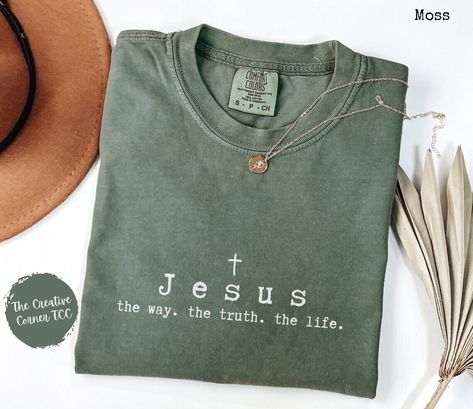 Wrap yourself in the comforting embrace of faith with our Christian-inspired Comfort Colors t-shirt. Featuring the empowering message "Jesus The Way The Truth the Life".  Wear your faith proudly with this minimalistic and meaningful design. The soft-washed, garment-dyed fabric brings an extra coziness to your wardrobe, while the relaxed fit makes it an excellent daily choice. The double-needle stitching throughout the tee makes it highly durable while the lack of side seams helps the shirt retai Cute Christian Shirts For Women, Faith T Shirts, Minimalist T Shirt, Church T Shirt Ideas Design, Christian Shirt Design Ideas, Aesthetic Christian Shirts, Christian Shirt Ideas, Christian T Shirt Ideas, Christian Faith Shirt