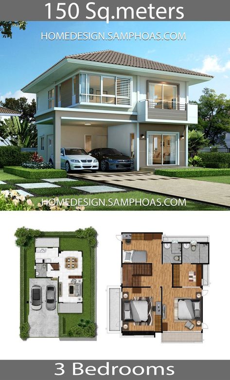 Simple House Design 9x7.5 With 3 Bedrooms B01 Unique Small House Plans, Minimalist Houses, Kitchen Backyard, 3 Storey House Design, Small Bungalow, Three Bedroom House Plan, 2 Storey House Design, 3d House Plans, 2 Storey House