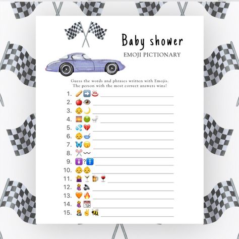 Race car baby shower - baby emoji pictionary game Vans Themed Baby Shower, Car Baby Shower Ideas, Car Baby Shower Theme, Racing Baby, Race Flag, Violet Vintage, Race Car Themes, Ray Ray, Emoji Pictionary