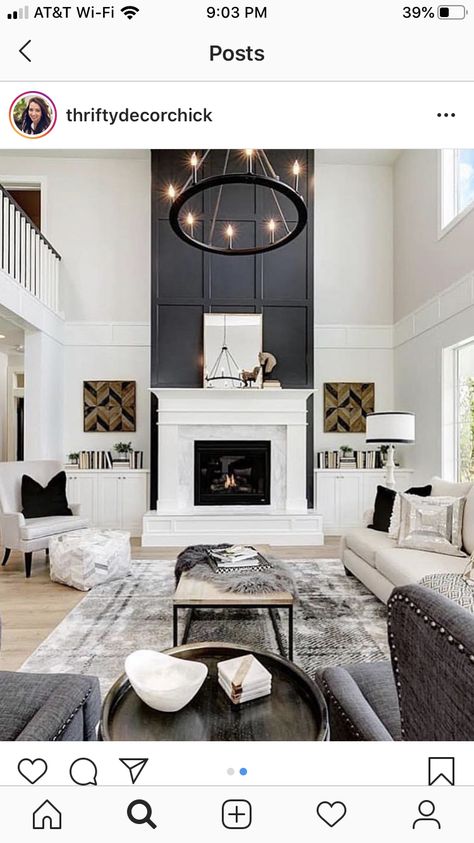 2 Story Focal Wall Ideas, Two Story Living Room Fireplace, 2 Story Living Room Ideas, High Ceiling Fireplace Wall, 2 Story Fireplace, Fireplace Center, High Fireplace, Cheap Couches, Tall Ceiling Living Room