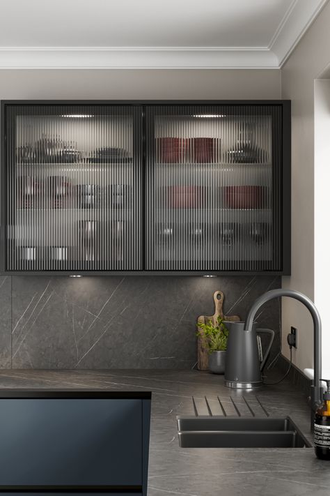 In need of kitchen storage inspiration? Howdens Fluted Glass Kitchen Cabinets are perfect for your kitchen storage ideas and can be used with any kitchen range. Fill these textured kitchen cabinets with your favourite glasses for a modern kitchen design and easy accessible storage idea. There is lots of space to store everything you may need in your dream, modern kitchen. Aluminum Kitchen Cabinets, Metal Kitchen Cabinets, Glass Kitchen Cabinet Doors, Glass Kitchen Cabinets, Model Dapur, Upper Kitchen Cabinets, Aluminium Kitchen, Laminate Kitchen, Kabinet Dapur