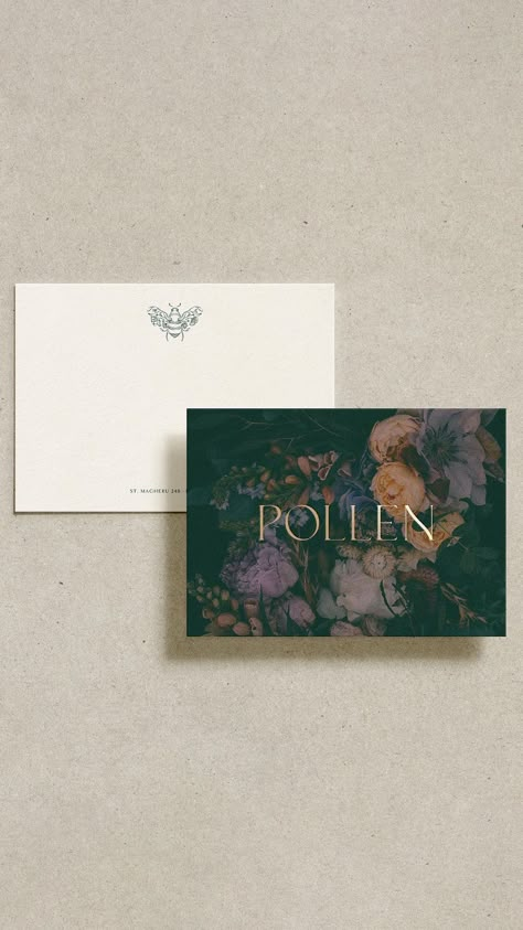 Pollen florist logo and brand design by Galerie Design - Fivestar Branding Agency Is A Design and Branding Agency. This Work Belongs to The Accredited Artist and Is Curated For Inspiration Only #floristbranding #branding #brandinginspiration #logodesign #logodesigninspiration #graphicdesign #logo #branddesign #identitydesign Florist Branding Packaging, Business Card For Flower Shop, Florist Cards Design, Flower Business Card Design, Branding For Small Business, Flower Business Logo Ideas, Flower Shop Cards Ideas, Flower Company Branding, Florist Design Branding