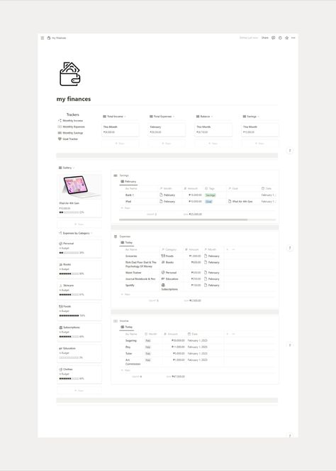 • Navigations or Pages: ↳Monthly Income ↳Monthly Expenses ↳Monthly Savings ↳Goals • Expenses by Category: ↳Track your expenses based on their categories. ↳Track your budget at a glance. • Income: ↳W/ Database ↳Tracks all of your daily and monthly income. • Expenses: ↳W/ Database ↳Tracks all of your daily and monthly expenses. • Balance: ↳W/ Database ↳Tracks the total balance automatically. • Savings: ↳W/ Database ↳Tracks all of your savings automatically. Study Planner Free, Notion Inspiration, Finance Budget, Life Planner Organization, Personal Finance Budget, Kanban Board, Small Business Planner, Finance Tracker, Theme Template