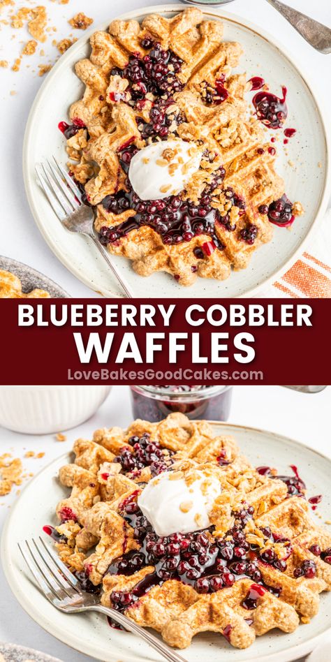 Blueberry Cobbler Waffles pin collage Homemade Breakfast Recipes, Weekend Brunch Recipes, Blueberry Waffles, Breakfast Bread Recipes, Ultimate Breakfast, Blueberry Sauce, Blueberry Cobbler, Best Breakfast Recipes, Crumble Topping