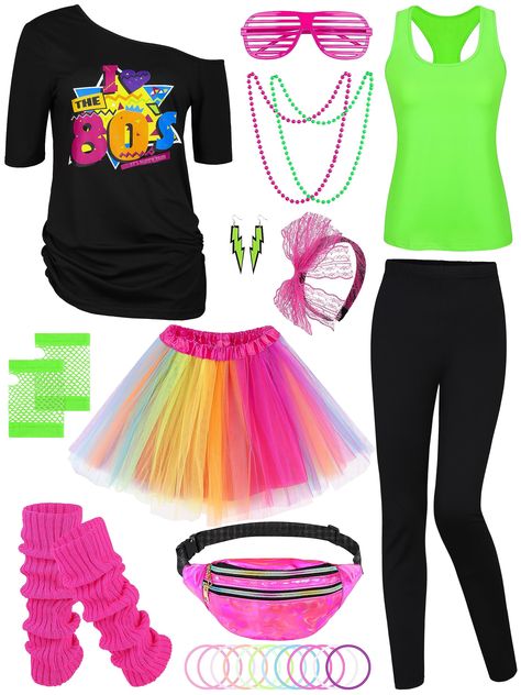 PRICES MAY VARY. 24-in-1 80s Costume Set: you will receive 1 I Love the 80s print off-the-shoulder T-shirt, 1 racerback top, 1 pair of black stretchy pants, 1 tutu skirt, 1 laser fanny bag, 1 lace headband bow, 1 pair of lightning neon earrings, 2 beaded necklaces, 1 pair of shutter shade glasses. 1 pair of fingerless short fishnet gloves, 1 pair of leg warmers and 12 silicone neon bracelets, 24 pieces in total, a rich and lovely set to complete your 80s costume look and make you the real hit in 80s Costume Ideas For Women, 80s Theme Party Outfits, Shade Glasses, Neon Earrings, 80s Halloween Costumes, 80s Print, I Love The 80s, 80s Party Outfits, Fishnet Gloves