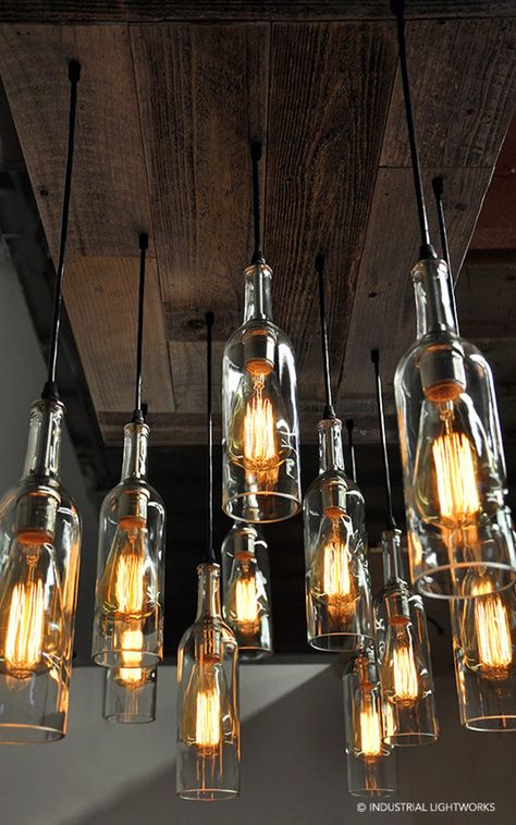 Wine Bottle Chandelier, Bottle Chandelier, Bottle Lamps, Recycled Wine Bottles, Deco Luminaire, Restaurant Lighting, Industrial Lamp, Rustic Lighting, Chandelier Design