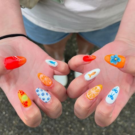 tiny fish 🥲 literally my babies i swear!!! @emily.nicole0309 (thank you sm for doing this custom!! so fun!) #gelxnails #gelx #luminarynailsystems #beetlesgelpolish #dndgel #opigelcolor #ɢᴇʟx #nailtech Fish Nail Art, Fish Nails, Tiny Fish, Funky Nails, Nail Tech, Gel Polish, Stylish Nails, Beauty Skin, Nail Inspo