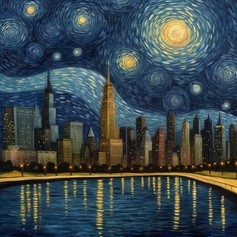 Starry Night City, Starry Night Digital Art, Starry Night Illustration, Starry Night Aesthetic, Starry Night Theme, Night Theme, Lala Land, Night Illustration, Sketching Ideas