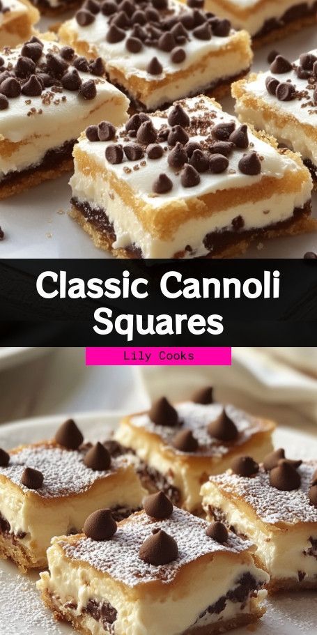 Classic Ricotta Cannoli Squares – A Sicilian Delight Indulge in the rich flavors of Italy with these Classic Ricotta Cannoli Squares. Perfect for special occasions, they combine crispy puff pastry with a creamy ricotta filling, chocolate chips, and a hint of orange zest. A modern twist on a beloved dessert! #CannoliDelight #ItalianDesserts Italian Napoleon Dessert, Ricotta Cannoli Squares, Italian Ricotta Desserts, Recipes With Ricotta Cheese Dessert, Cannoli Chips Recipe, Cannoli Bars, Thanksgiving Desserts Cute, Italian Desserts For A Crowd, Desserts With Ricotta Cheese