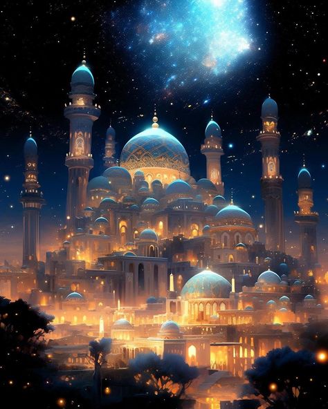 Arabian Nights Aesthetic, Islamic Art Canvas, Beautiful Mosques, Islamic Artwork, Islamic Paintings, Fantasy City, Fantasy Castle, Fantasy Places, Ramadan Mubarak