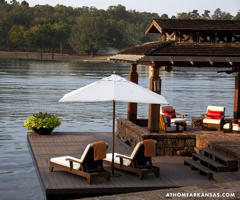 Lakeside Tropics | At Home in Arkansas Dock Ideas Lakeside, Dock Design, Boathouse Design, Lake Landscaping, Farm Pond, Lake Houses Exterior, Lake Dock, Lakefront Living, Cream Cushions