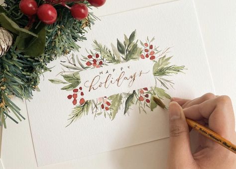 Handpainted Christmas Cards, Easy Diy Christmas Cards, Painting Vibes, Card Lettering, Painted Christmas Cards, Stamped Christmas Cards, Christmas Card Inspiration, Christmas Card Art, Family Christmas Cards