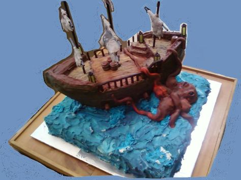 Pirate Ship vs. Giant Octopus Underwater Party Ideas, Mermaids Cake, Carving Cake Recipe, Carving Cake, Shakespeare Art, Pirate Cakes, Octopus Cake, Pirate Birthday Cake, Underwater Party