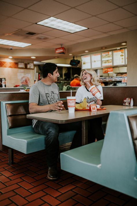 WHATABURGER PHOTOSHOOT | BEST PHOTOSHOOT IDEA EVER #meglawsonphotography #whataburger Steak And Shake Photoshoot, Restaurant Couple Photoshoot, Fast Food Couple Photoshoot, In N Out Couple Photoshoot, Wedding Fast Food Pictures, Whataburger Photoshoot, Engagement Photos Fast Food, Mcdonald’s Engagement Shoot, Restaurant Photoshoot Ideas