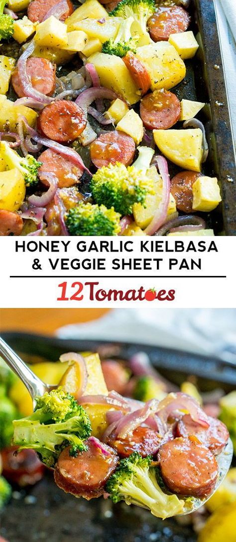 Honey Garlic Kielbasa Sheet Pan, Honey Garlic Kielbasa, Kielbasa And Veggies, Twelve Tomatoes, Sheet Pan Suppers Recipes, Veggie Sheet Pan, Sausage Sheet Pan, Easy Supper Recipes, Sheet Pan Meals