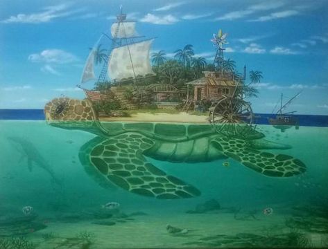 Turtle Island Drawing, Turtle Island Art, Island Fantasy Art, Island Turtle, World Turtle, Pirate Island, Pirate Boats, Turtle Island, Turtle Drawing