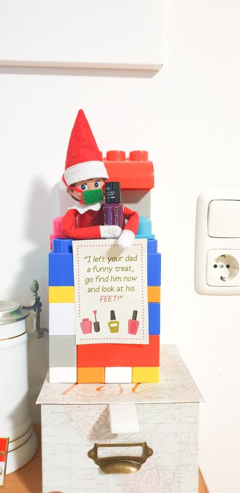 Funny Elf On The Shelf Pranks, Simple Elf Ideas, Funny Elf Ideas, Easy Elf Ideas, Elf Nail Polish, Welcome Back Elf, Elf Return, Elf Shenanigans, Paper Napkin Folding