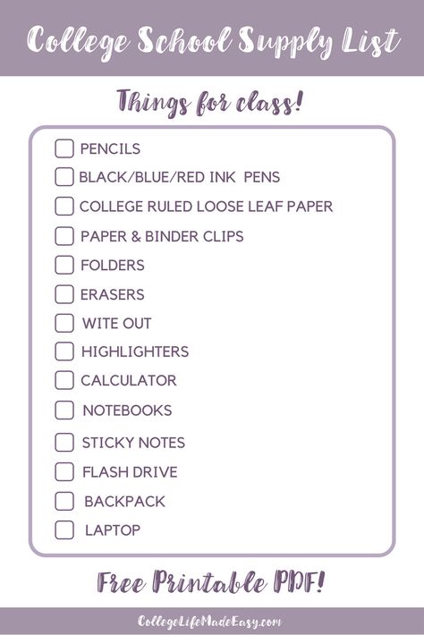 Here are class supplies you should get for college. Stuff that can be added to your school supply list. Print this list for free, too. #college #collegetips #collegelife #freshmen #freshmantips #backtoschool Online College Supplies List, School Supplies For College Students, School Lists Ideas, Freshman College School Supply List, College Supply List School Essentials, University Essentials School Supplies, College Stationary List, College Essentials Supplies School Stuff, School Needs List