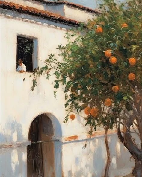 Orange Tree House, Spanish Landscape Painting, Orange House Aesthetic, Spanish Art Aesthetic, Old Spanish Aesthetic, Vintage Spanish Aesthetic, Vintage Spain Aesthetic, Spanish Art Paintings, French Hair Salon