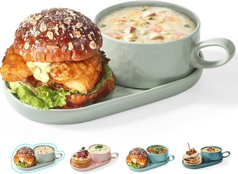 Amazon.com | Artena Solid Soup and Sandwich Plate Combo, 16 oz Soup Bowls/Mugs/Cups with Handles in 9.85-inch Ceramic Plates, Glazed Soup and Side/Cracker Bowls Sets for Breakfast, Bread Dipping Bowls, Teal Blue: Cereal Bowls Bread Dipping, Sandwich Platter, Dipping Bowls, Soup Bowls With Handles, Plates And Bowls Set, Breakfast Bread, Pasta Bowl Set, Soup Bowl Set, Platter Set