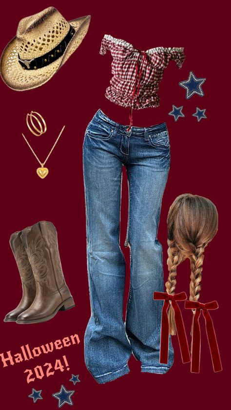 #halloween #costume #halloweeninspo #redaesthetic #cowgirl #halloweenparty #dressup #country Cute Halloween Costumes Cowgirl, Cowgirl Halloween Aesthetic, Cow Outfits Halloween, Dress Like A Farmer Day At School, Wild West Spirit Week Outfit, Wild West Outfits Spirit Week, Cowgirl Outfits Costume, Cow Girl Outfits Halloween, Cow Girl Halloween Outfits