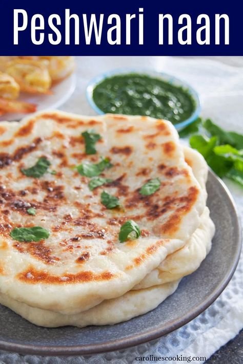 Peshwari naan is a wonderfully tasty filled bread that combines a gently sweet, nutty filling with soft and chewy dough. It's a classic accompaniment to Indian meal that's easy to recreate at home to go with a meal or enjoy as a snack. Peshwari Naan Recipe, Quick Naan, Peshwari Naan, Georgian Bread, Filled Bread, Indian Meal, Naan Recipe, Flat Breads, Flat Bread