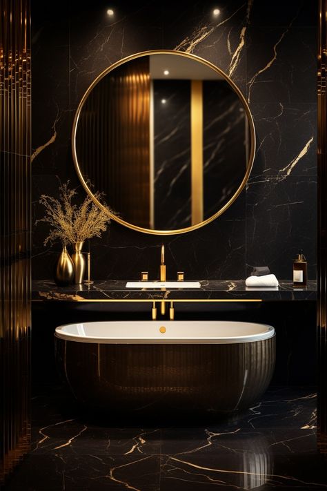 Small Black And Gold Bathroom, Black And Gold Bathroom Aesthetic, Golden Bathroom, Grey Toilet, Dark Gray Bathroom, Design Black Gold, Bathroom Design Styles, Italian Bathroom, Black And Gold Bathroom