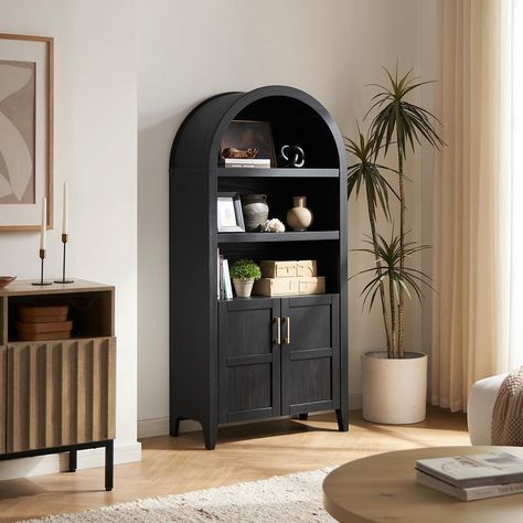 Mopio Lauren Arched Cabinet - Bed Bath & Beyond - 40156785 Farmhouse Bookshelf Cabinet, Book Shelf Kitchen Storage, Living Room Storage Cabinet The Home Depot, White Bookcase Black Doors, White Billy Bookcase Black Doors, Livingroom Storage Cabinets, Black Farmhouse Living Room Furniture, Cabinet For Livingroom, Arch And Shelves