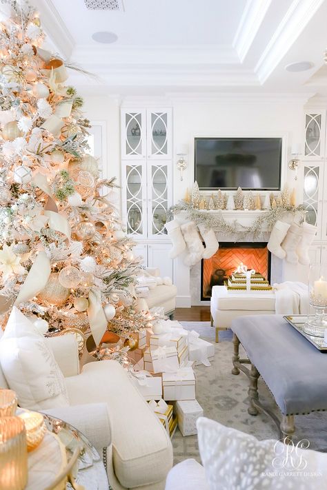 I'm Dreaming of a White Christmas Home Tour - Randi Garrett Design Mantle Styling, Monochromatic Decor, Flocked Tree, Christmas Tours, Gold Christmas Decorations, Simple Christmas Decor, Pink Christmas Decorations, Christmas Interiors, White Christmas Decor