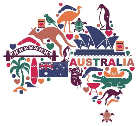 Australian icons in the form of a map. Traditional symbols of Australian culture and nature stock illustration Zoo Logo, Australian Culture, Australian Icons, Australian Maps, Happy Australia Day, Australia Map, Australia Day, Map Vector, Map Art