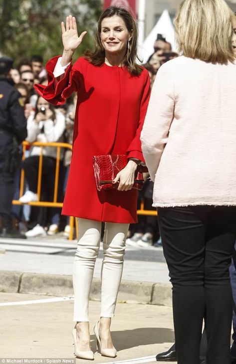 Rough week: Letizia's appearance today comes after her father-in-law, the former King Juan Carlos was discharged from hospital on Tuesday following a knee operation Knee Operation, Royal Closet, Spanish Queen, Rough Week, Royal Families Of Europe, Frilled Sleeves, Royal Crown Jewels, Spanish Royalty, Royalty Fashion