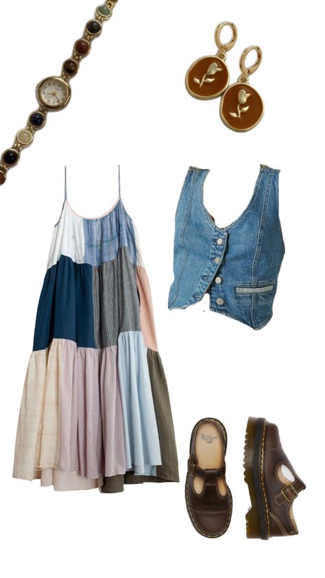 #outfit #style #fashion #outfitinspo #fit #thrifted #vintage #spring Thrifted Cottagecore Outfits, Thrift Clothes Outfits, Thrifted Beach Outfits, Thrifted Granola Outfits, Beach Outfit Collage, Summer Thrift Outfits, Whimsical Style Outfits, Thrifted Outfits Vintage, Whimsigoth Fits