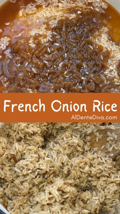 FRENCH ONION RICE Baked Butter Chicken, French Onion Rice, Onion Rice Recipe, Onion Rice, Rice Side Dish Recipes, Breaded Pork Chops, Rice Side, Rice Side Dishes, Long Grain Rice