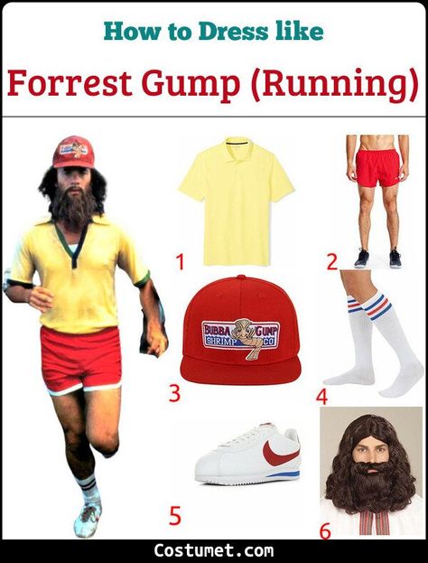 Forrest Gump Halloween Costumes, Movie Character Party Costumes, Forest Gump Costumes, Forest Gump And Jenny Costume Diy, Forrest Gump And Jenny Costume, Forrest Gump Party, Forrest Gump Running Costume, Forrest Gump Halloween Costume, Movie Costumes Men