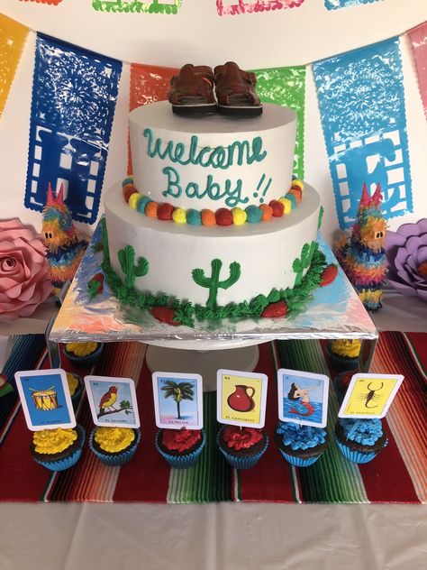 Mexican Themed Baby Shower Cake, Loteria Gender Reveal Party, Coco Baby Shower Theme, Baby Shower Themes Mexican, Mexican Theme Baby Shower Ideas For Boy, Mexican Theme Baby Shower Ideas, Mexican Themed Baby Shower Ideas, Baby Shower Loteria, Mexican Baby Shower Theme